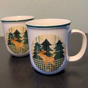 Vintage 90s Folkcraft Tienshan Moose Mugs Set of 2 Applique Quilt Cabin Lodge